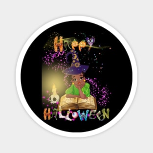 Young witch reading spellbook before halloween start Magnet